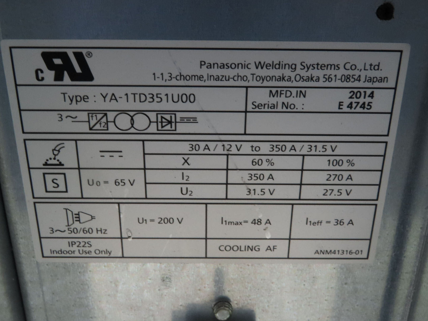Panasonic YA-1TD351U00 Inverter Transformer Unit 3Ph 200VAC In 31.5VDC 350A Out