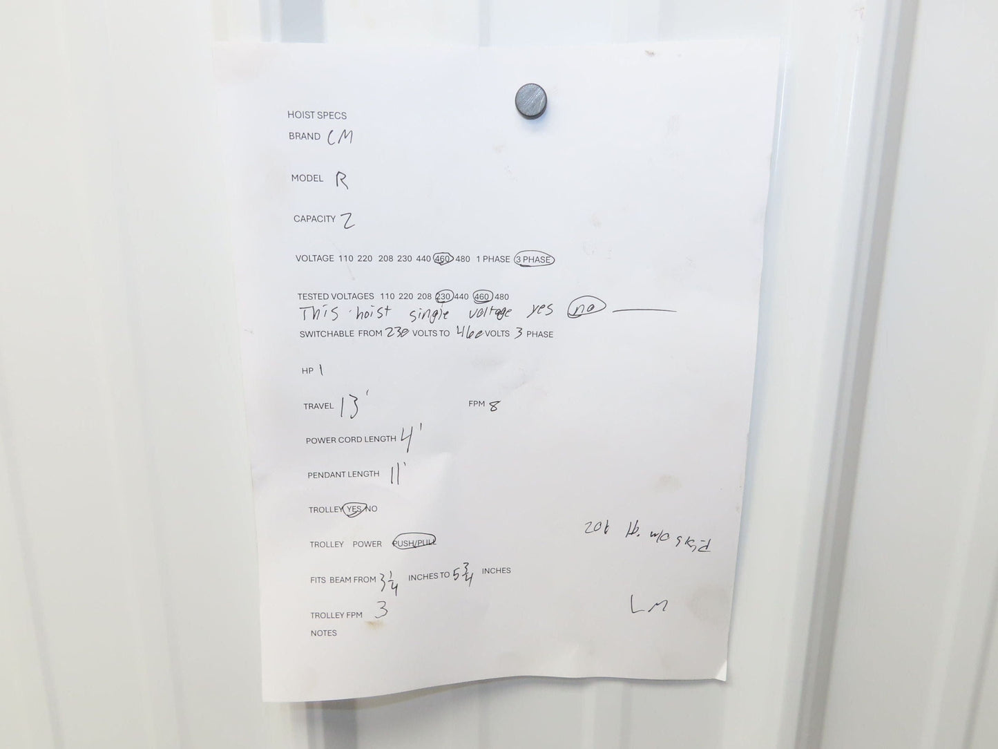 CM Lodestar R 2 Ton Electric Chain Hoist 13' Lift 8 FPM 230/460 3 PH Trolley