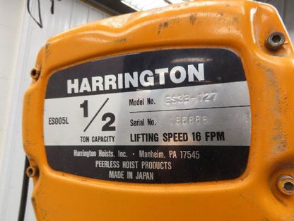Harrington ES3B 127 1/2 Ton Electric Chain Hoist 10' Lift 16FPM 460V 3PH