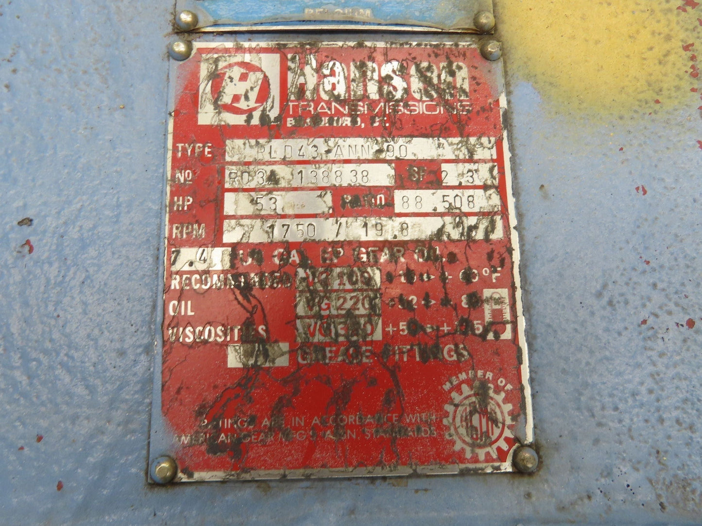 Hansen Transmission RLD43 ANN 90 Gear Reducer 88.5:1 Gearbox 53Hp 19.8 RPM