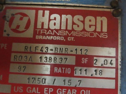 Hansen Transmission RLF43-BNR 112 Gear Reducer 111.18:1 Gearbox 97Hp 15.7 RPM