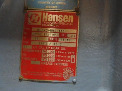 Hansen Transmission RLF43-BNR 112 Gear Reducer 111.18:1 Gearbox 97Hp 15.7 RPM