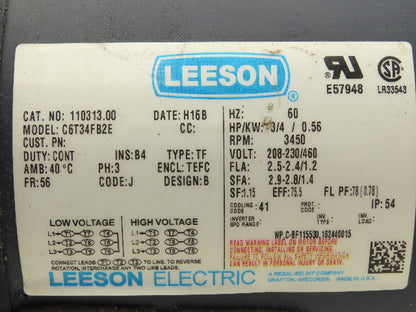Leeson C6T34FB2E AC Motor 3/4Hp 3450rpm 230/460v 3Ph 56 Frame TEFC
