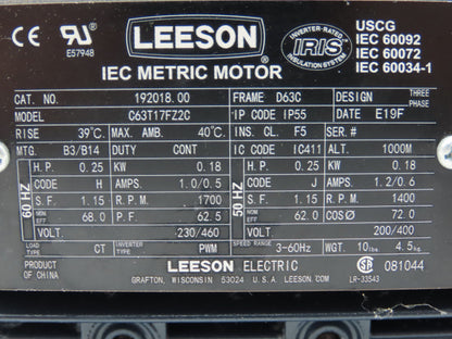 Leeson C63T17FZ2C AC Motor 1/4Hp 1700rpm 3Ph 230/460v TEFC 1.15 SF