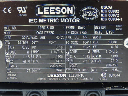 Leeson C63T17FZ2C AC Motor 1/4Hp 1700rpm 3Ph 230/460v TEFC 1.15 SF