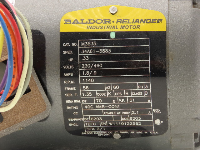 Baldor Reliance 34A61-5883 AC Motor 3Ph 1140rpm 1/3Hp 230/460v 56 Frame TEFC