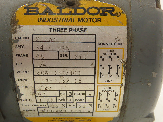 Baldor 34-4-895 AC Motor 1/4Hp 1725rpm 3Ph 230/460v 48 Frame TEFC