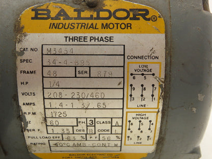 Baldor 34-4-895 AC Motor 1/4Hp 1725rpm 3Ph 230/460v 48 Frame TEFC