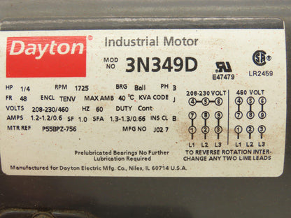 Dayton P55BPZ-756 3N349D AC Motor 1/4Hp 1725rpm 3Ph 230/460v 48 Frame