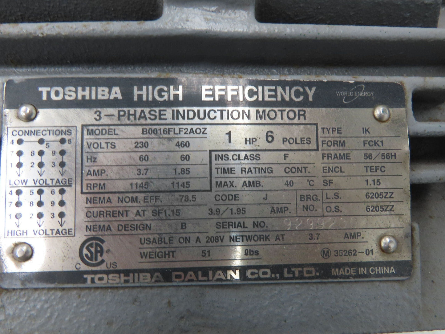 Toshiba B0016FLF2AOZ AC Motor 1Hp 1145rpm 3Ph 230/460v 56H Frame TEFC