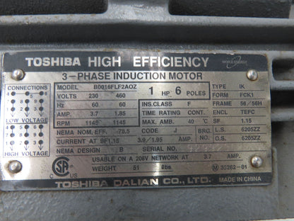 Toshiba B0016FLF2AOZ AC Motor 1Hp 1145rpm 3Ph 230/460v 56H Frame TEFC