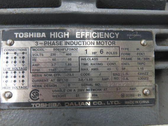 Toshiba B0016FLF2AOZ AC Motor 1Hp 1145rpm 3Ph 230/460v 56H Frame TEFC