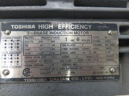 Toshiba B0016FLF2AOZ AC Motor 1Hp 1145rpm 3Ph 230/460v 56H Frame TEFC