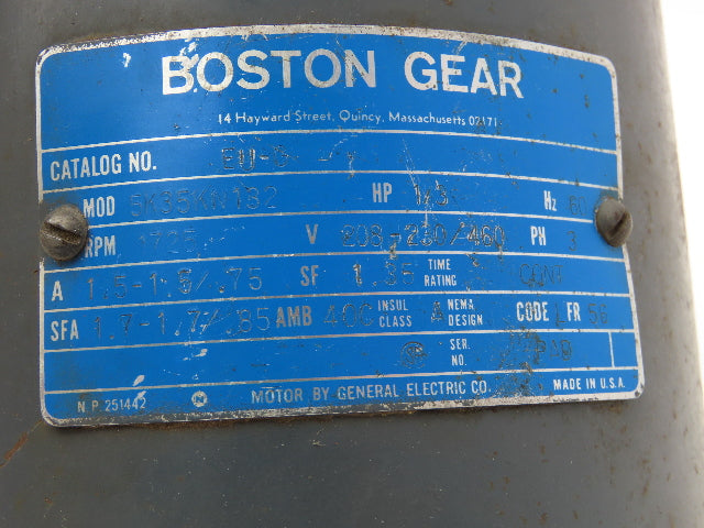 Boston Gear 5K35KN132 AC Motor 1/3Hp 1725rpm 3Ph 230/460v 56 Frame