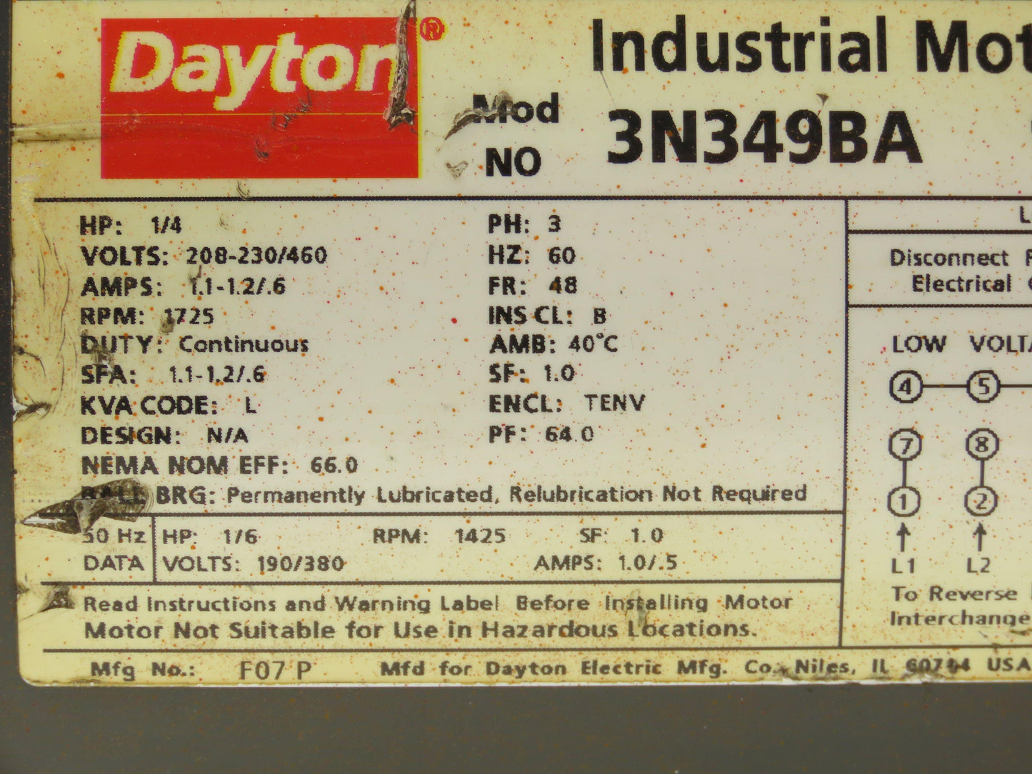 Dayton F07P 3N349BA AC Motor 1/4Hp 1725rpm 3Ph 230/460v 48 Frame