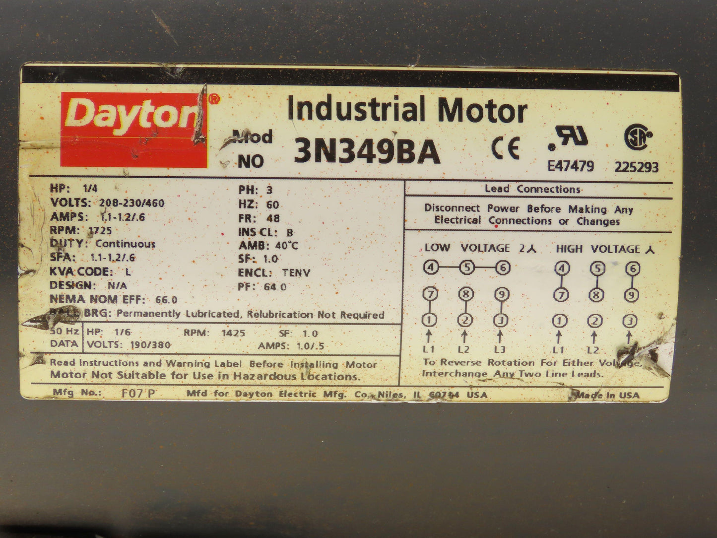 Dayton F07P 3N349BA AC Motor 1/4Hp 1725rpm 3Ph 230/460v 48 Frame