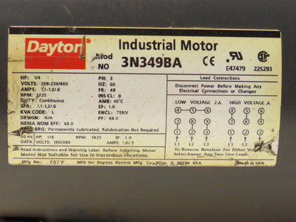 Dayton F07P 3N349BA AC Motor 1/4Hp 1725rpm 3Ph 230/460v 48 Frame