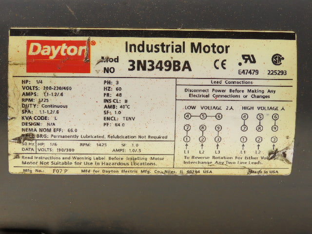 Dayton F07P 3N349BA AC Motor 1/4Hp 1725rpm 3Ph 230/460v 48 Frame
