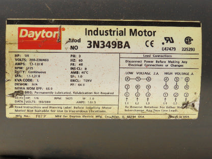 Dayton F07P 3N349BA AC Motor 1/4Hp 1725rpm 3Ph 230/460v 48 Frame