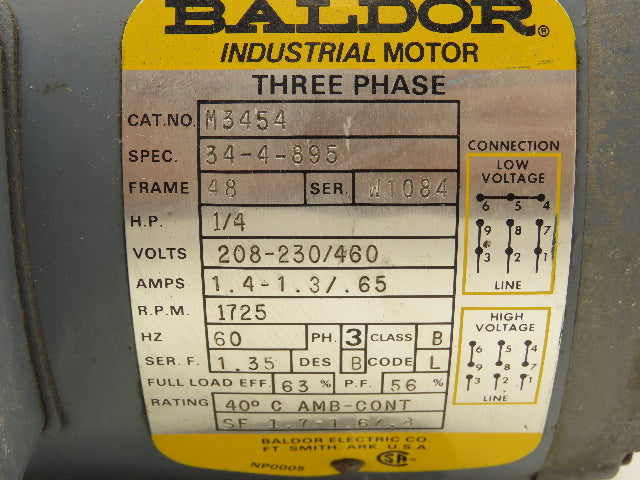 Baldor 34-4-895 AC Motor 1/4Hp 1725rpm 3Ph 230/460v 48 Frame TEFC
