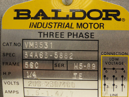Baldor 34A63-5882 AC Motor 1/4Hp 1140rpm 230/460v 3Ph 56C Frame TEFC