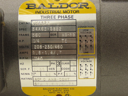 Baldor 34A63-5882 AC Motor 1/4Hp 1140rpm 230/460v 3Ph 56C Frame TEFC
