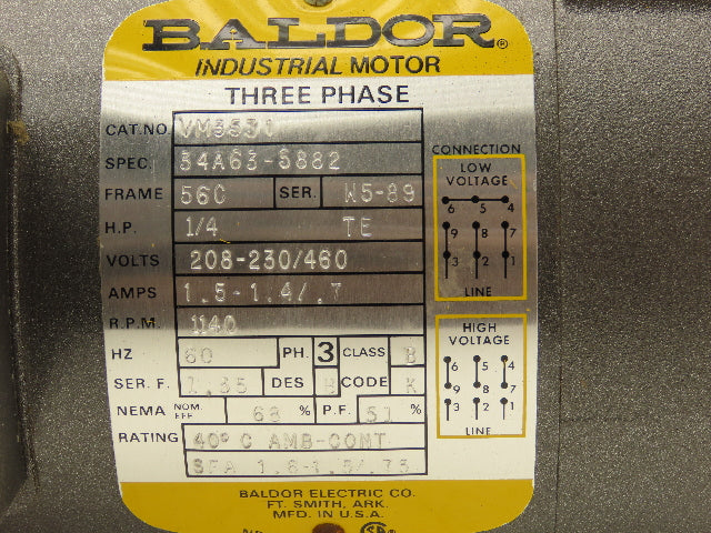 Baldor 34A63-5882 AC Motor 1/4Hp 1140rpm 230/460v 3Ph 56C Frame TEFC