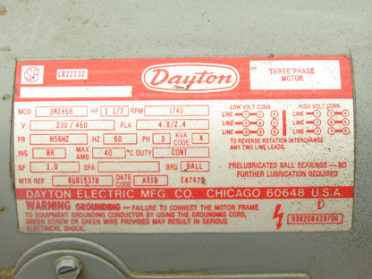 Dayton 3N286B AC Motor 1.5Hp 230/460v 1740rpm 3Ph H56HZ