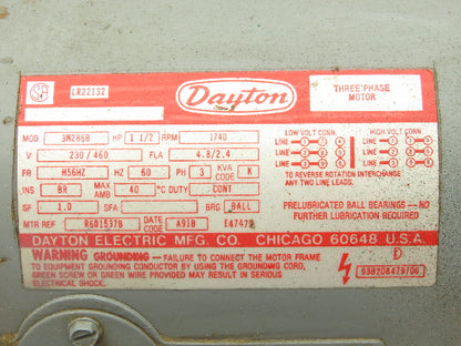 Dayton 3N286B AC Motor 1.5Hp 230/460v 1740rpm 3Ph H56HZ
