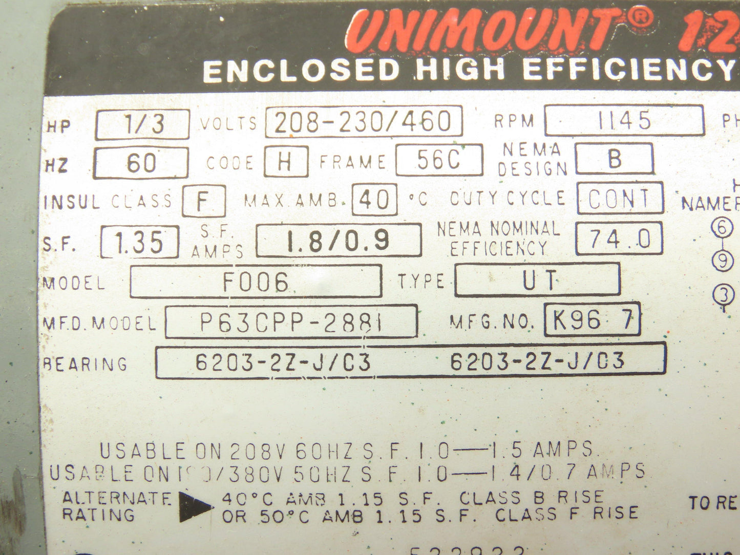 Unimount F006 P63CPP-2881 AC Motor 1/3Hp 1145rpm 230/460v 3Ph 56C Frame TEFC
