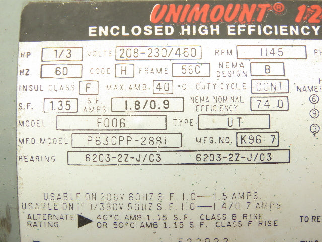 Unimount F006 P63CPP-2881 AC Motor 1/3Hp 1145rpm 230/460v 3Ph 56C Frame TEFC
