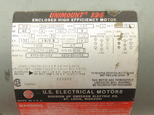 Unimount F006 P63CPP-2881 AC Motor 1/3Hp 1145rpm 230/460v 3Ph 56C Frame TEFC