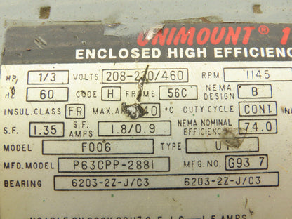 Unimount F006 P63CPP-2881 AC Motor 1/3Hp 1145rpm 230/460v 3Ph 56C Frame TEFC