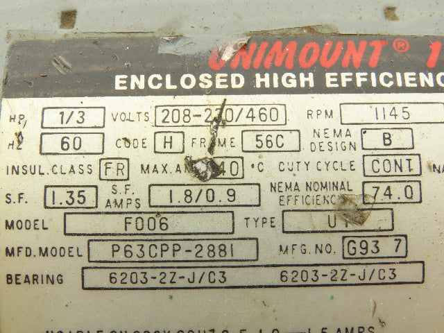 Unimount F006 P63CPP-2881 AC Motor 1/3Hp 1145rpm 230/460v 3Ph 56C Frame TEFC