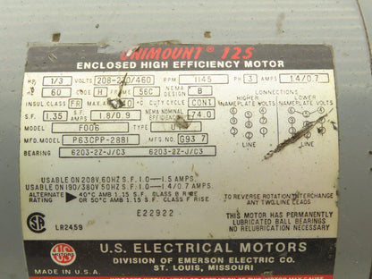 Unimount F006 P63CPP-2881 AC Motor 1/3Hp 1145rpm 230/460v 3Ph 56C Frame TEFC