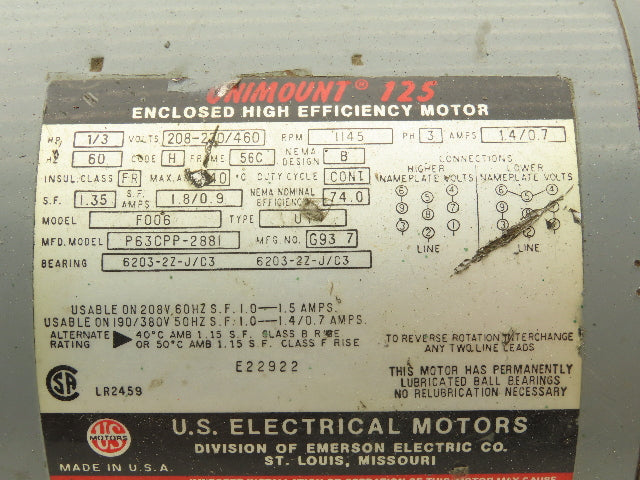 Unimount F006 P63CPP-2881 AC Motor 1/3Hp 1145rpm 230/460v 3Ph 56C Frame TEFC