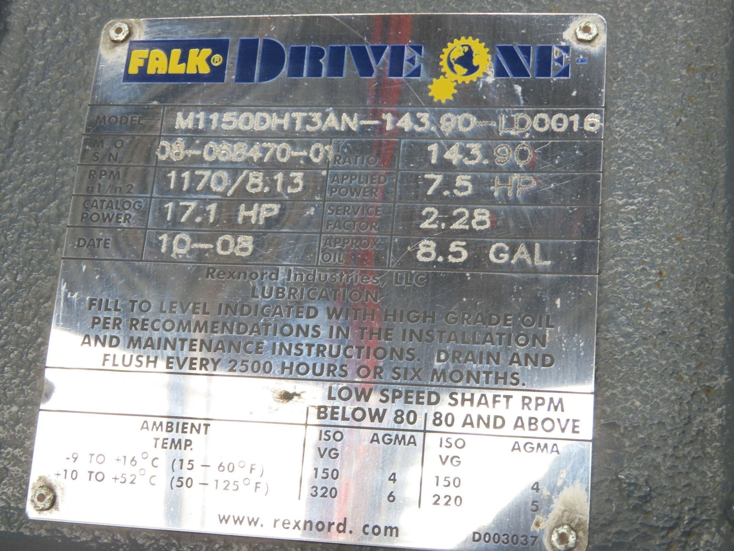 Falk One Drive M1150DHT3AN Gear Reducer 143.9:1 Gearbox 8.13 RPM Hollow Shaft