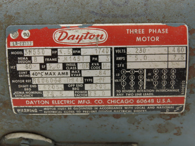 Dayton 3N550 AC Motor 1.5Hp 1740rpm 230/460v 3Ph H145T Frame TEFC