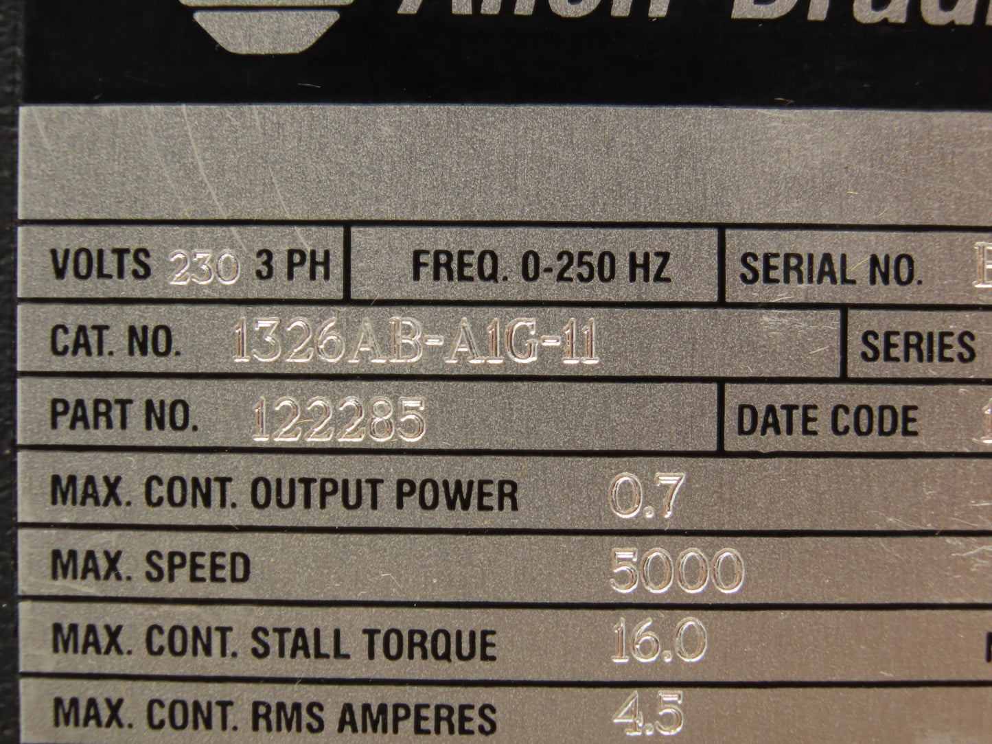 Allen Bradley 1326AB-A1G-11 AC Servo Motor 5000rpm 230v 3Ph 0-250Hz