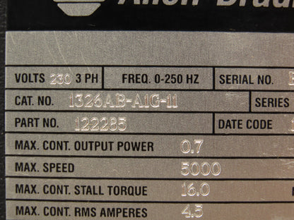 Allen Bradley 1326AB-A1G-11 AC Servo Motor 5000rpm 230v 3Ph 0-250Hz