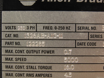 Allen Bradley 1326AB-A1G-11 AC Servo Motor 5000rpm 230v 3Ph 0-250Hz