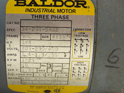 Baldor 34-294-5832 AC Motor 1/4Hp 1725rpm 230/460v 3Ph 56C TEFC