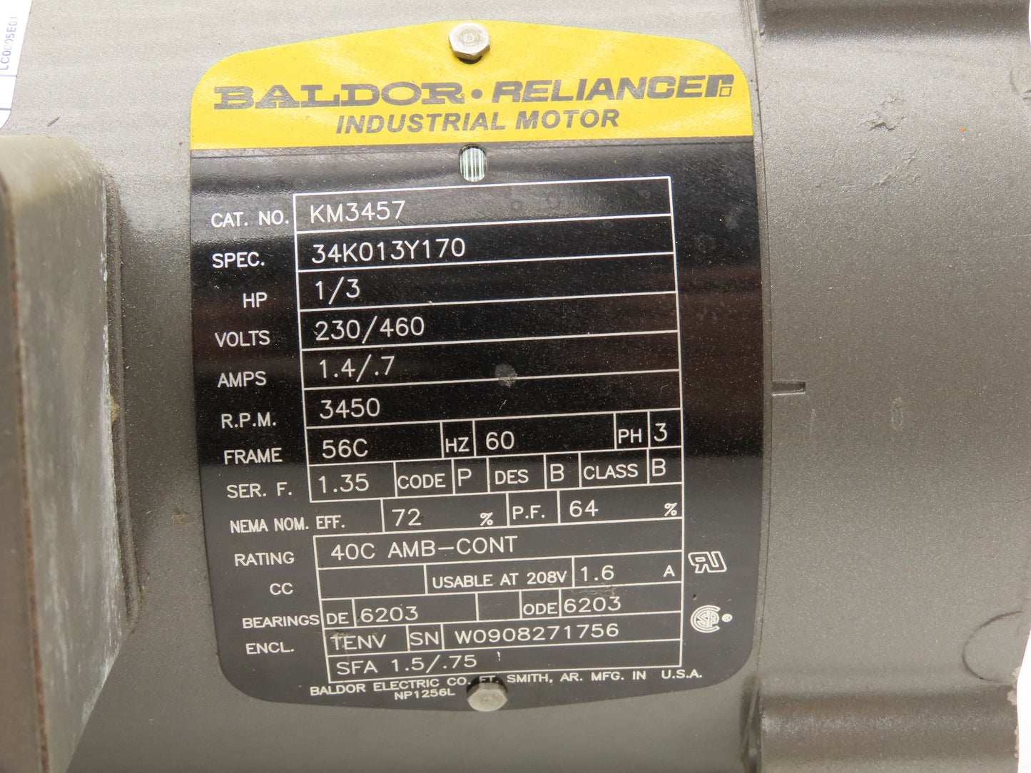 Baldor Reliance 34K013Y170 AC Motor 1/3Hp 3450rpm 230/460v 3Ph 56C TENV