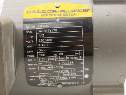 Baldor Reliance 34K013Y170 AC Motor 1/3Hp 3450rpm 230/460v 3Ph 56C TENV
