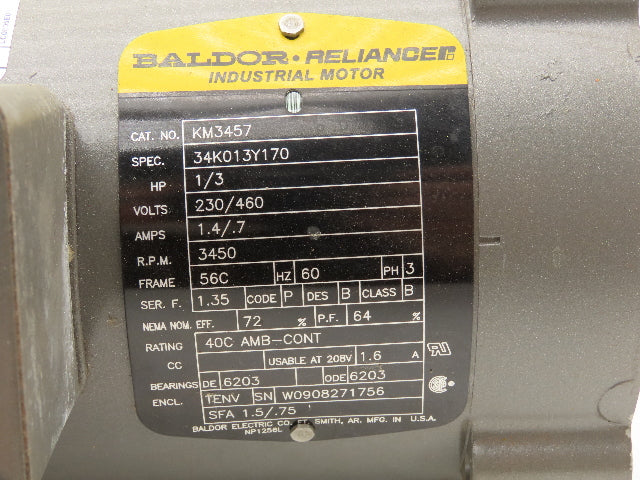 Baldor Reliance 34K013Y170 AC Motor 1/3Hp 3450rpm 230/460v 3Ph 56C TENV