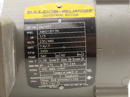 Baldor Reliance 34K013Y170 AC Motor 1/3Hp 3450rpm 230/460v 3Ph 56C TENV