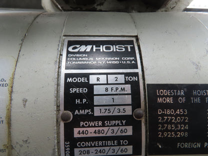 CM Lodestar R 2 Ton Electric Chain Hoist 14' Lift 8 FPM 230/460 Power Trolley