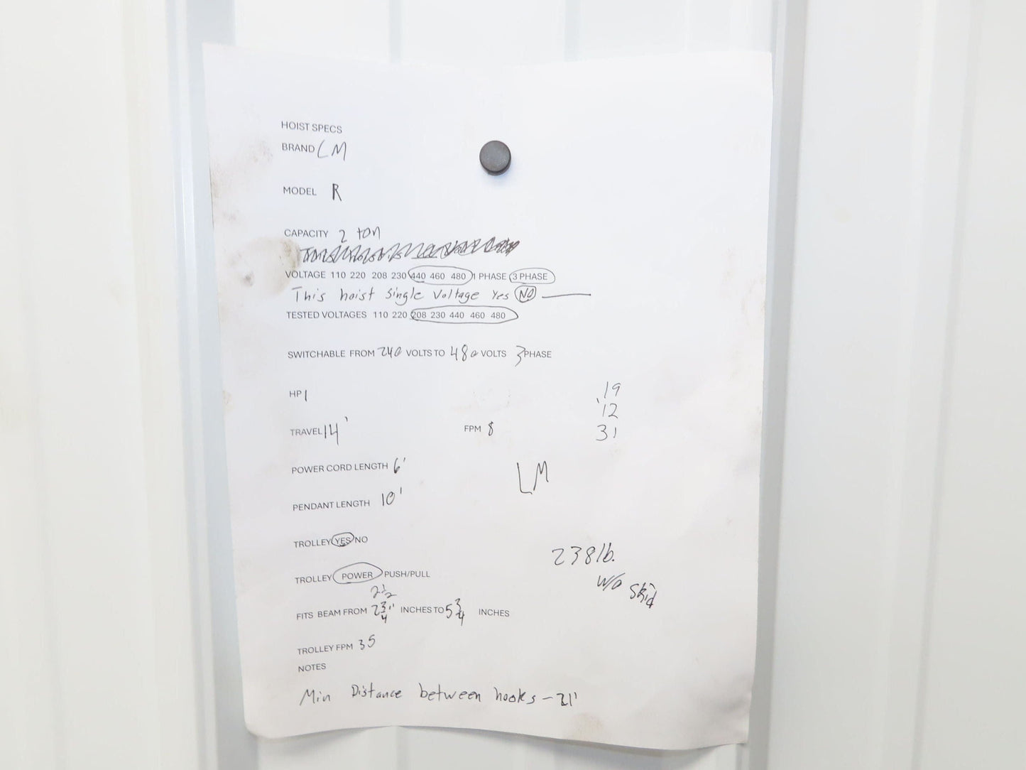 CM Lodestar R 2 Ton Electric Chain Hoist 14' Lift 8 FPM 230/460 Power Trolley