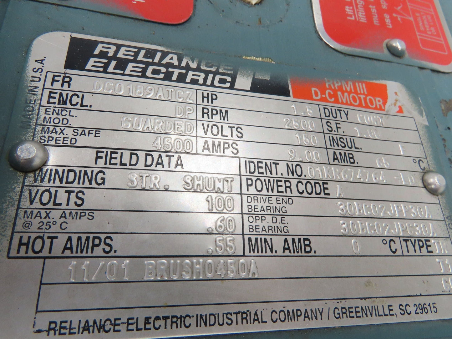 Dodge Reliance RPM III DC Gear Motor 1.5Hp 150VDC 7.6:1 330 RPM 180TC DC0189ATCZ