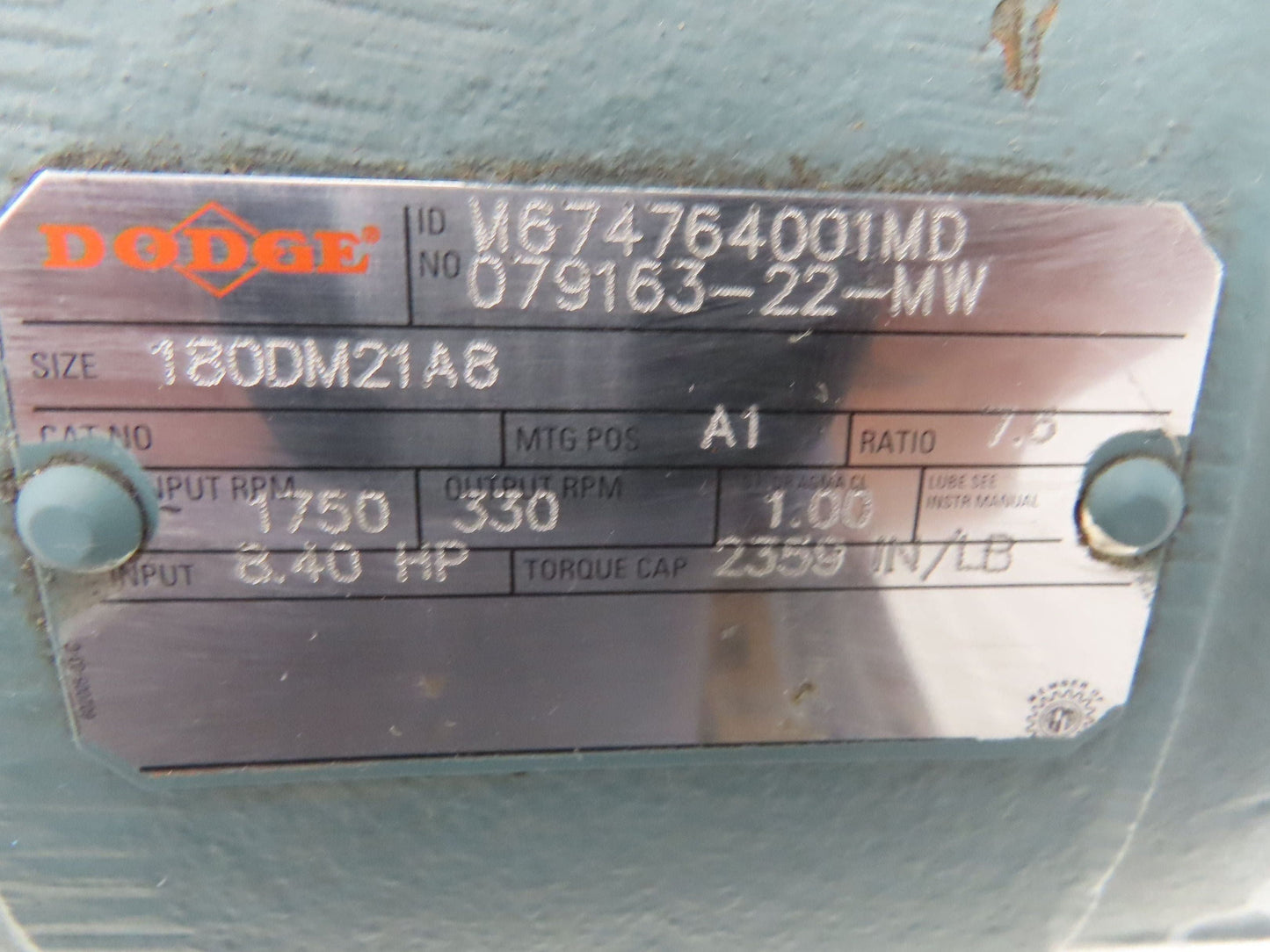 Dodge Reliance RPM III DC Gear Motor 1.5Hp 150VDC 7.6:1 330 RPM 180TC DC0189ATCZ